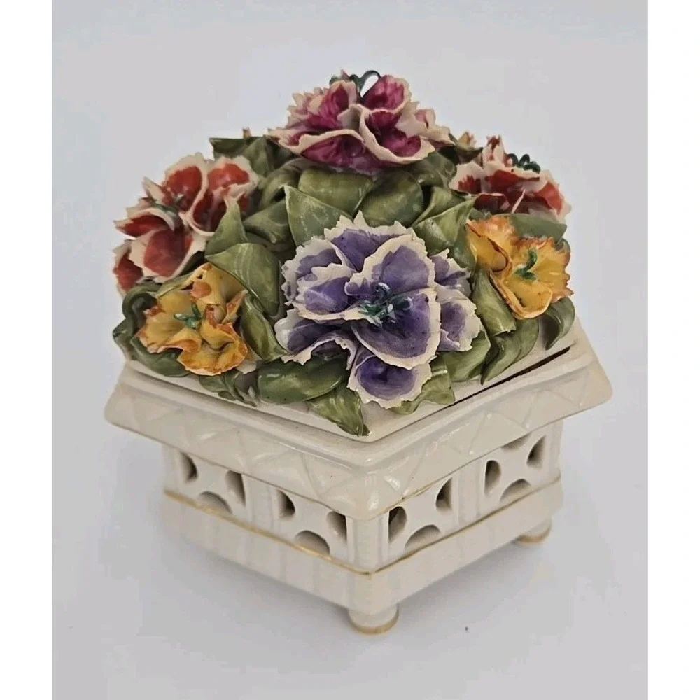 Vtg Bavaria Lid Floral Pansy Footed Trinket Candy Coin Dish Flawed READ‎